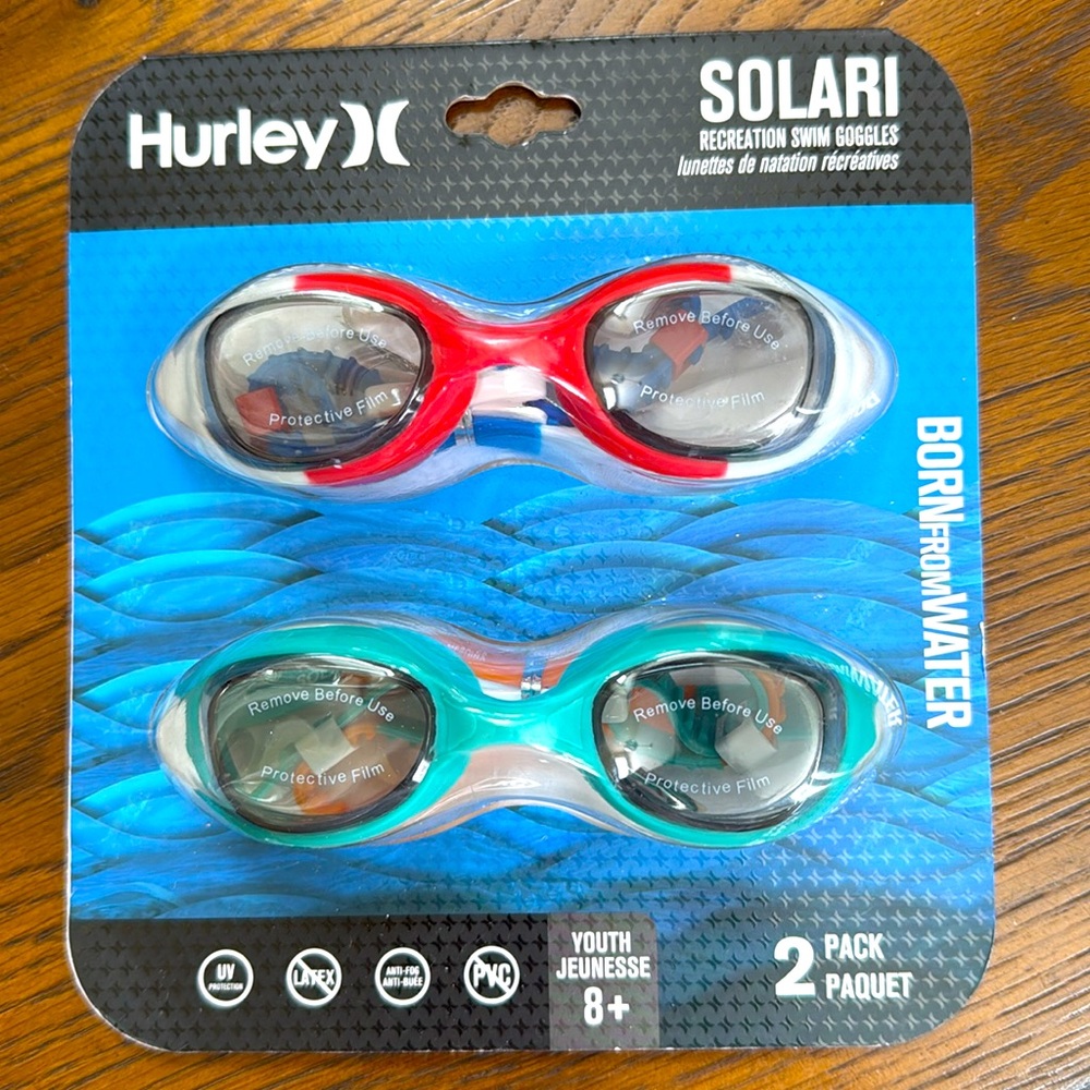 New Hurley 2 pack Solari recreation swim goggles. Youth 8+. Anti fog. UV protect
